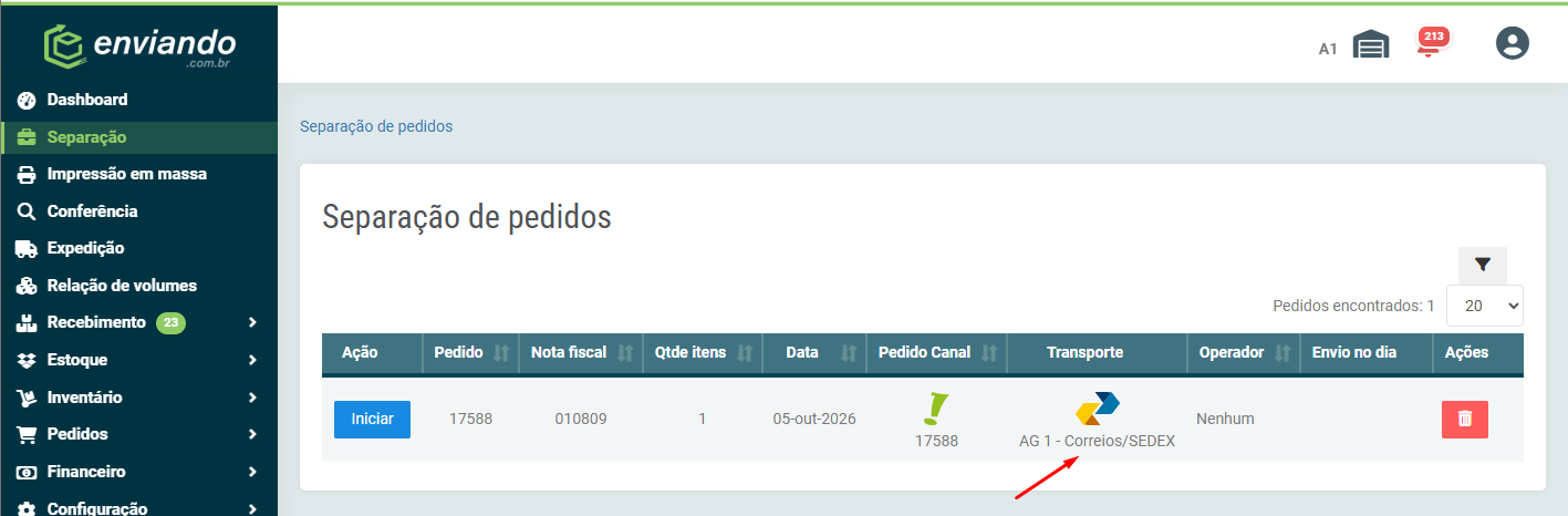Pedido na tela de separação com o tipo de entrega padrão aplicado como transporte
