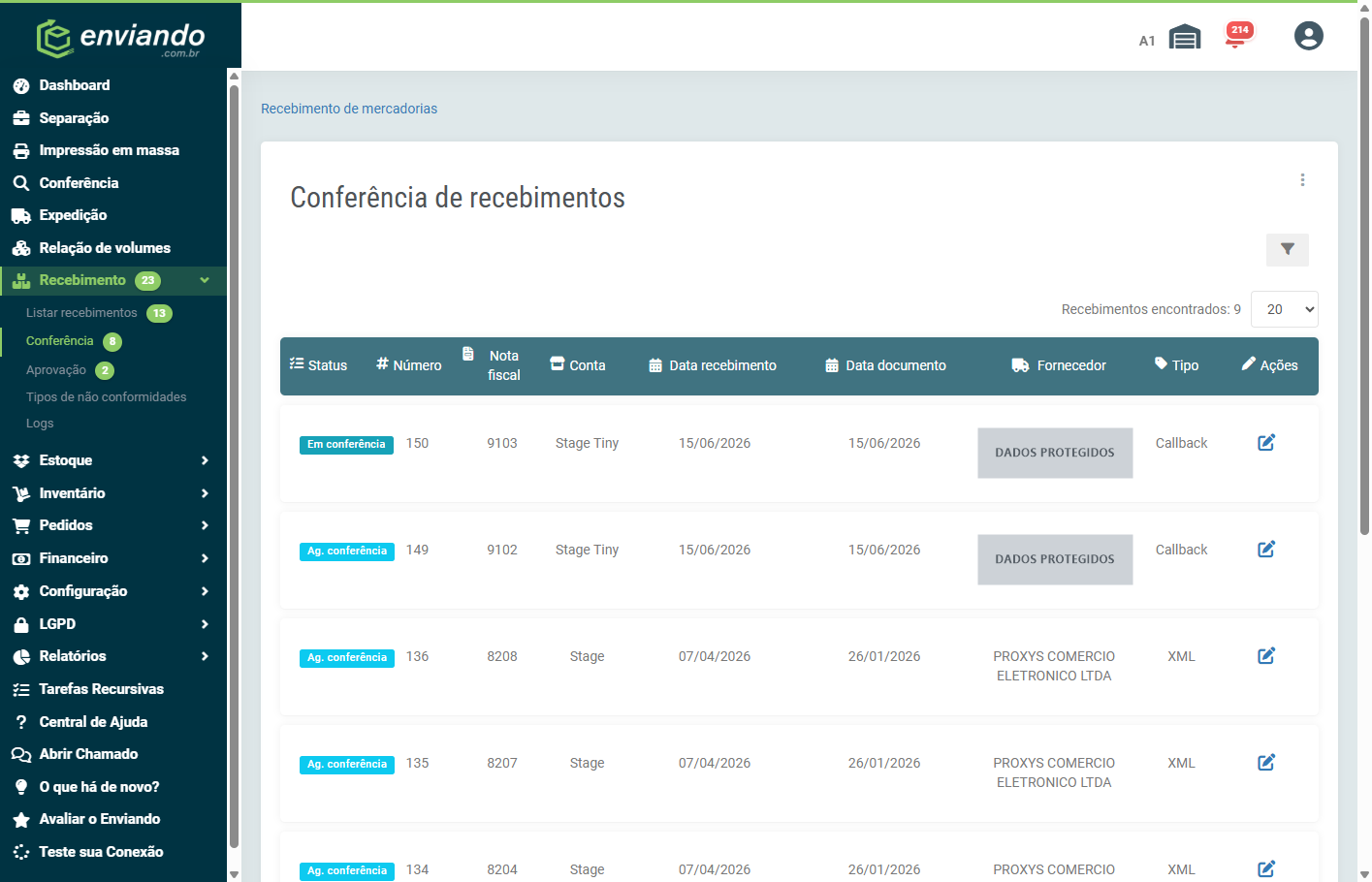 Conferência de recebimentos listando os recebimentos aguardando conferência
