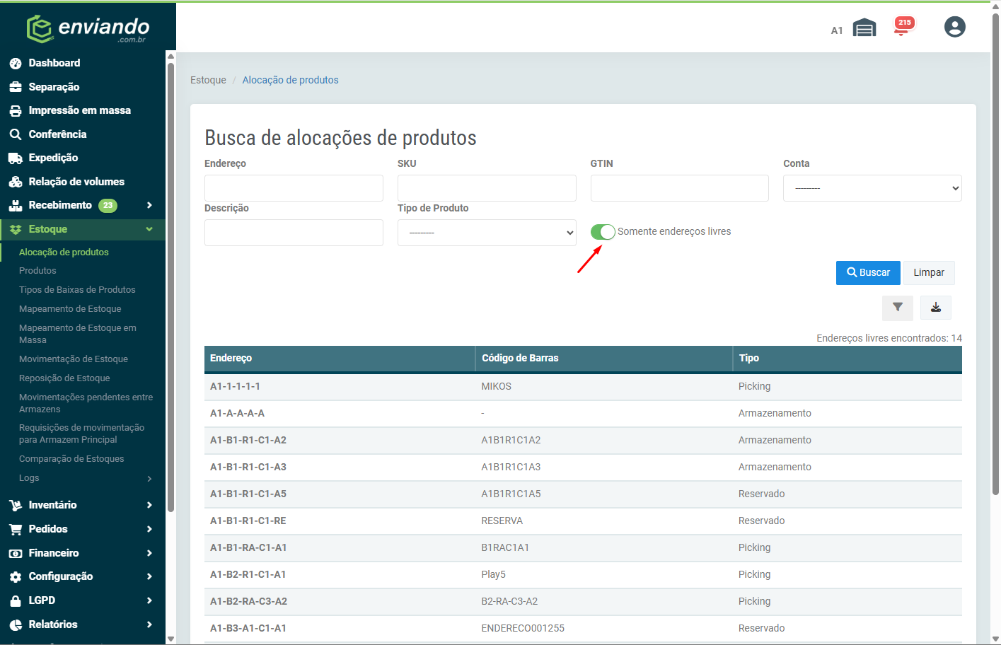 Busca de alocações de produtos com o filtro Somente endereços livres ativado