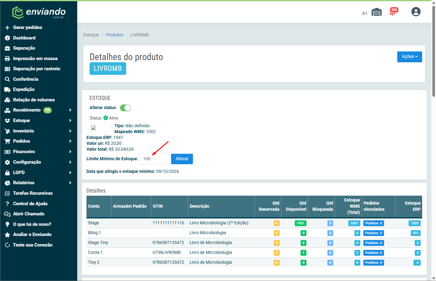 Detalhes do produto no Enviando com o Limite Mínimo de Estoque importado do ERP