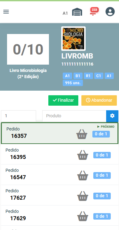 Separação em onda em um dispositivo móvel listando os pedidos da onda