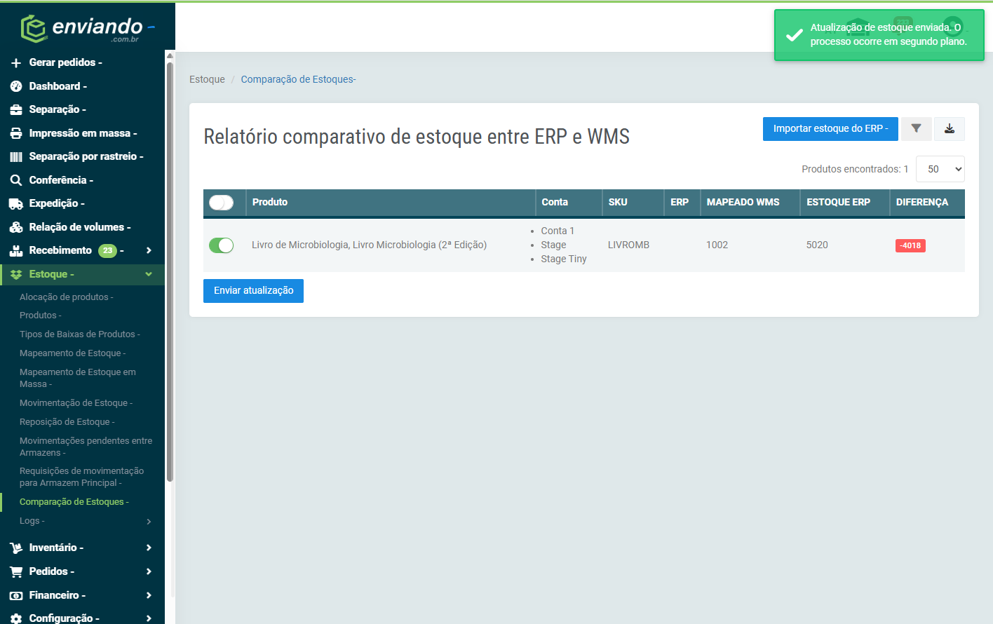 Confirmação de envio da atualização de estoque para processamento em segundo plano