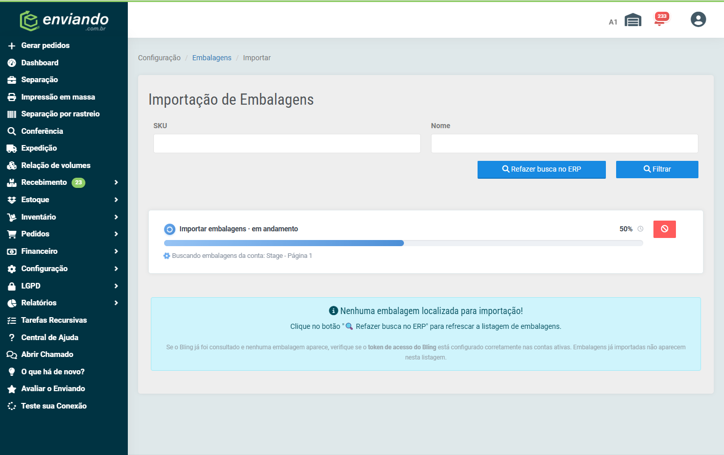Importação de embalagens em andamento com barra de progresso e opção de cancelamento