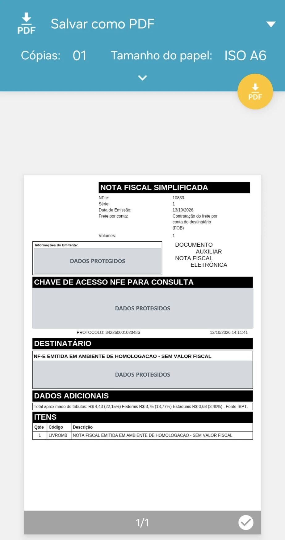 Nota fiscal simplificada na tela de impressão do Android