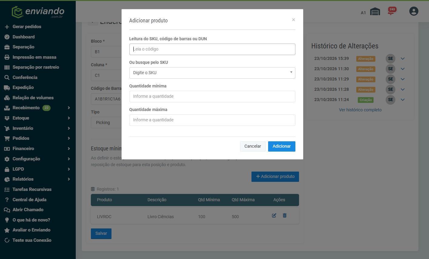 Janela Adicionar produto no cadastro do endereço, com os campos de leitura do código, busca pelo SKU, quantidade mínima e quantidade máxima