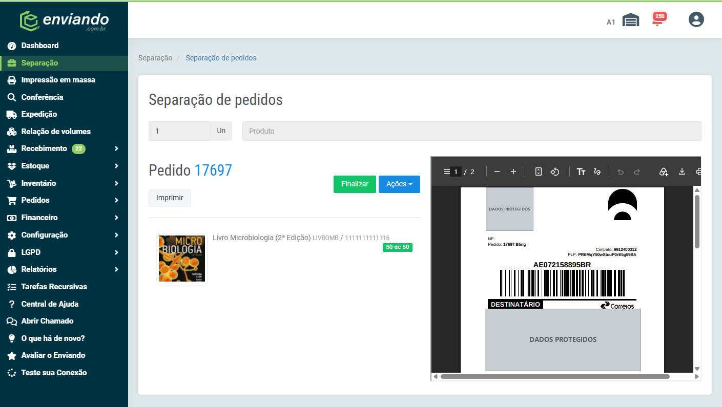 Separação de pedidos no envio simplificado com as 50 unidades do produto contabilizadas pela leitura do código DUN e a etiqueta de envio carregada