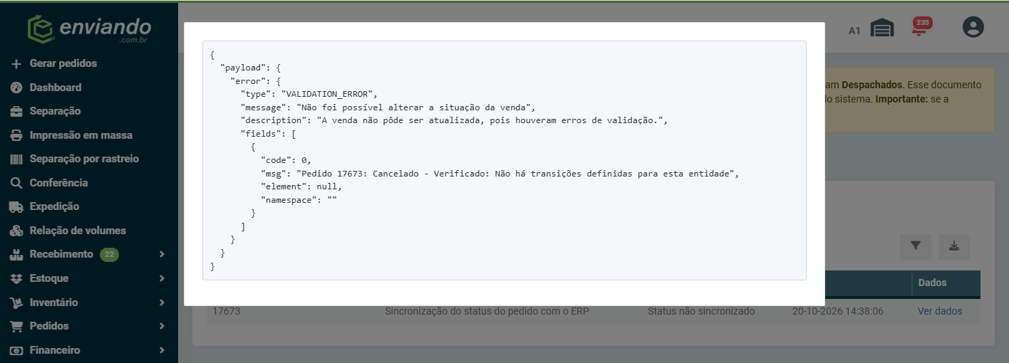 Log de status não sincronizado com o retorno do Bling informando que não há transições definidas para o pedido