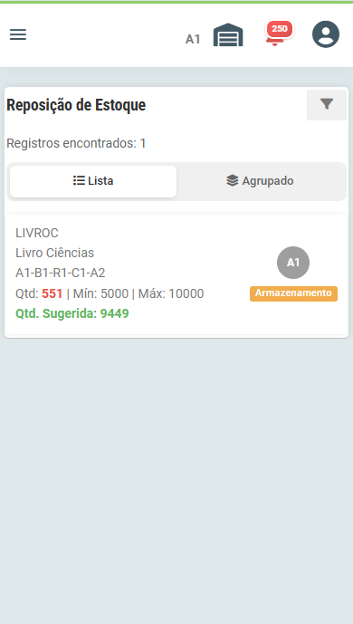 Reposição de Estoque em um dispositivo móvel com quantidade atual, mínimo, máximo e quantidade sugerida do produto