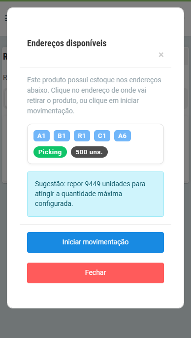 Endereços disponíveis para retirada do produto com a sugestão de reposição para atingir a quantidade máxima