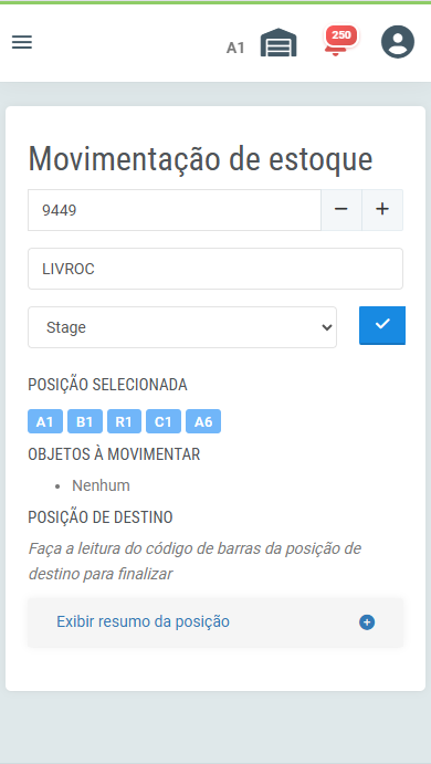 Movimentação de estoque com a quantidade sugerida preenchida e a posição de origem selecionada