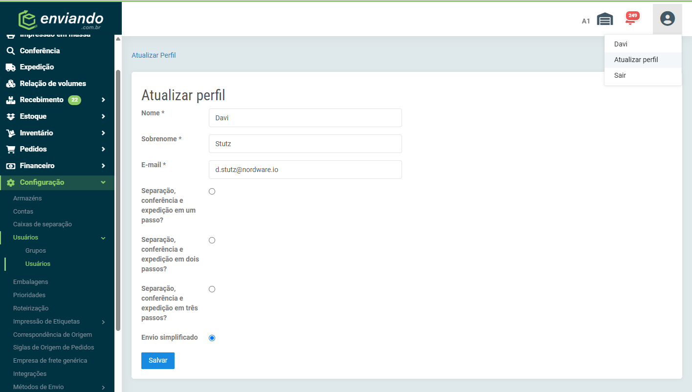 Tela Atualizar perfil com a opção Envio simplificado selecionada