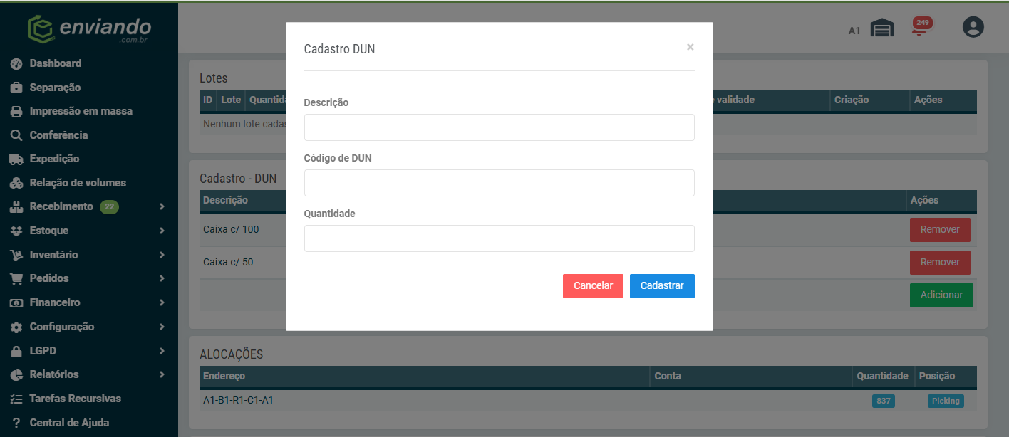 Cadastro de código DUN nos detalhes do produto, com os campos descrição, código de DUN e quantidade